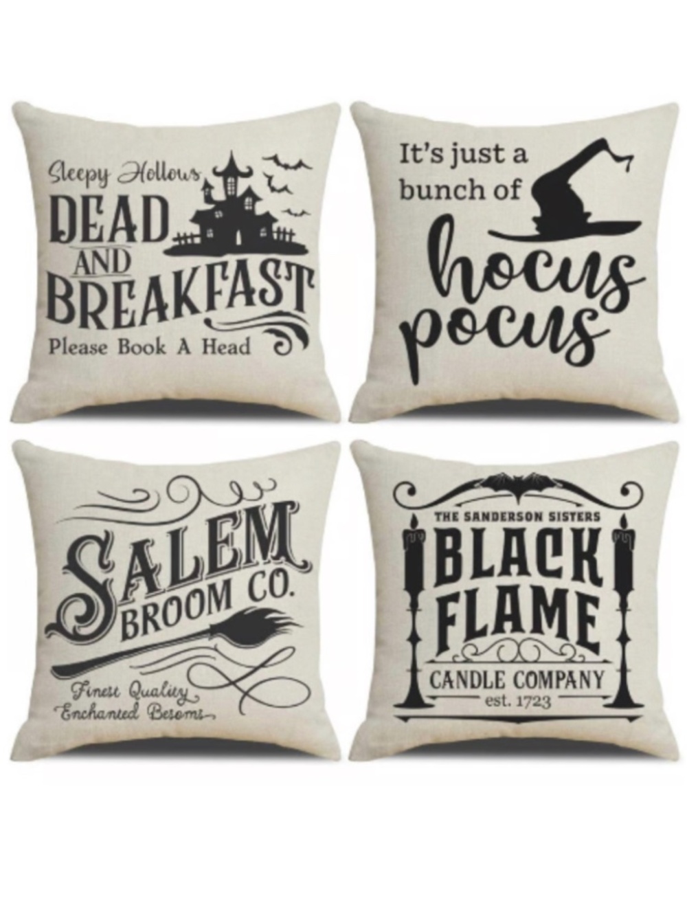 4x Hocus Pocus Halloween Square Pillowcases 17.25" x 17.25" Black & White Covers